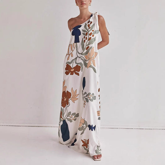 Spring Summer Oblique Shoulder Printed Pocket Dress Casual Loose Vacation Dress