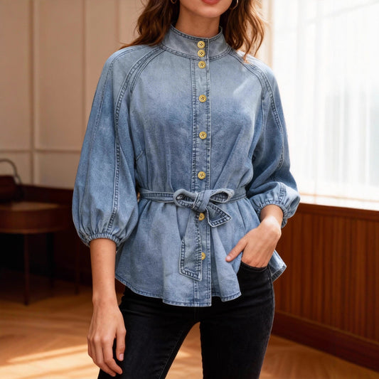 Lace up Waist Controlled Lantern Sleeve Nine Quarter Sleeve Retro Denim Shirt Women Top High Grade Stand Collar Young Show