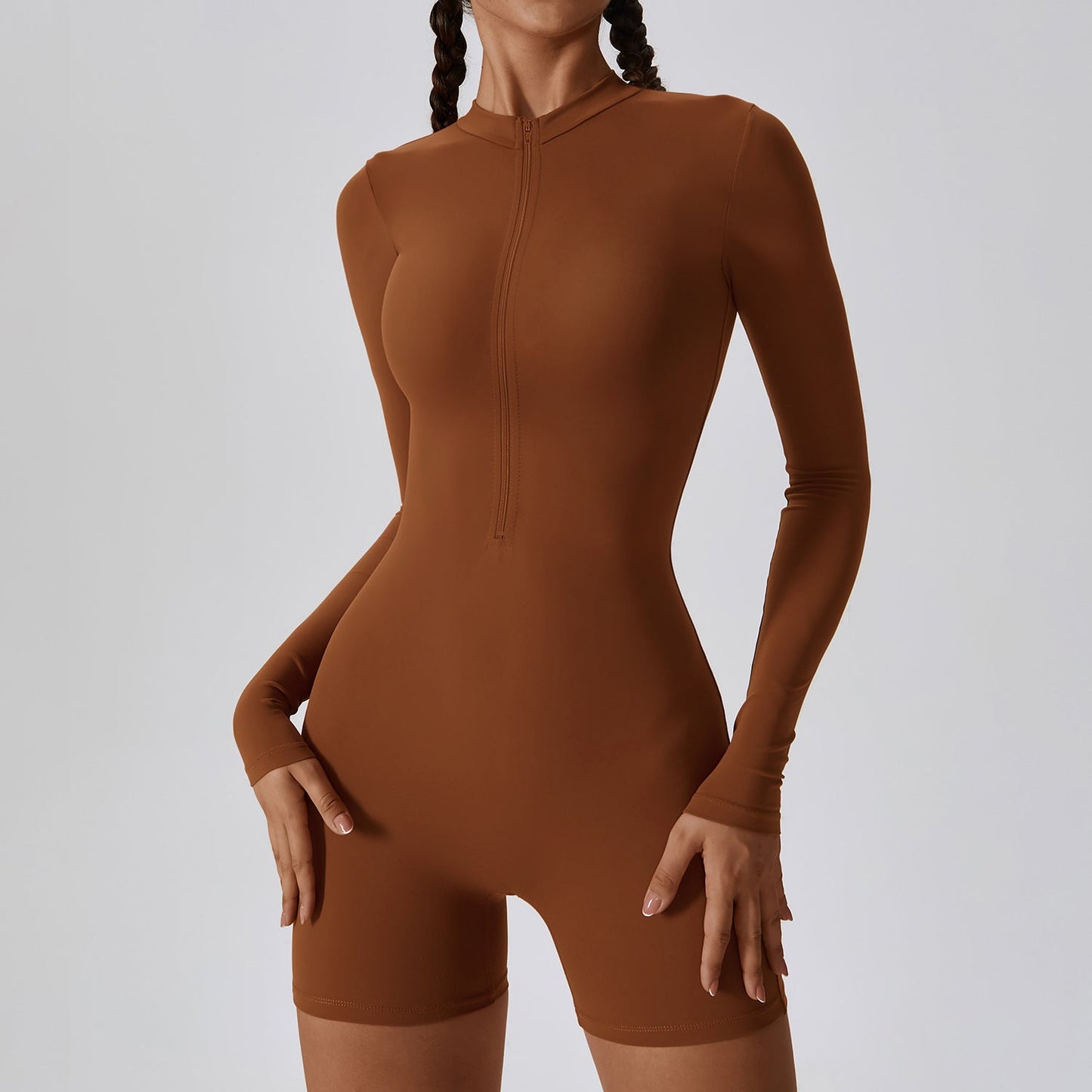 Sollinarry Open Collar Long-Sleeve Zipper One-Piece Dance Fitness Sports Jumpsuit Sexy Tight Yoga Clothes Women