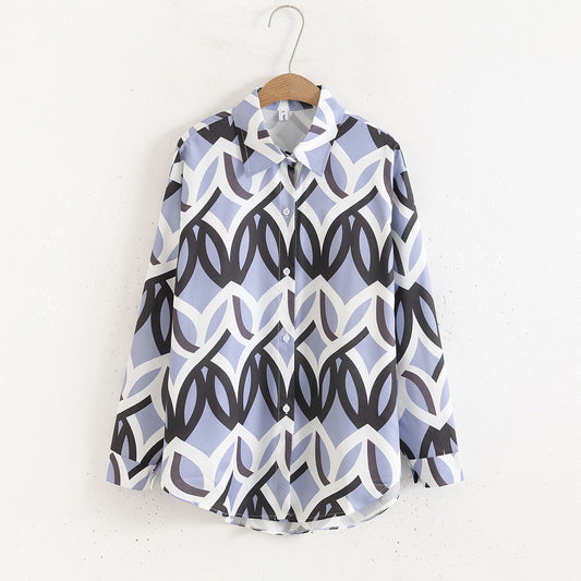 Women Floral Print Loose Collared Long Sleeves Shirt Striped printed top