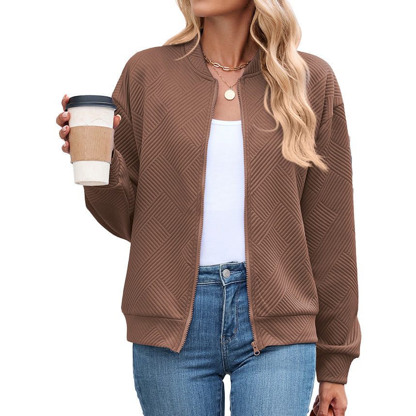Autumn Winter Solid Color round Neck Loose Zip Long Sleeve Sweatshirt Varsity Jacket