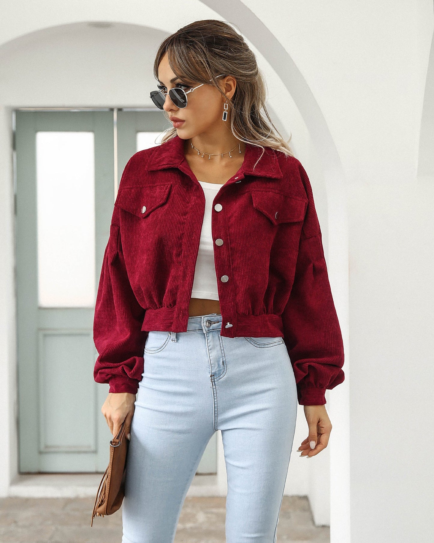 Autumn Winter Casual Collared Corduroy Jacket Lantern Sleeve Single-breasted Short Coat For Women