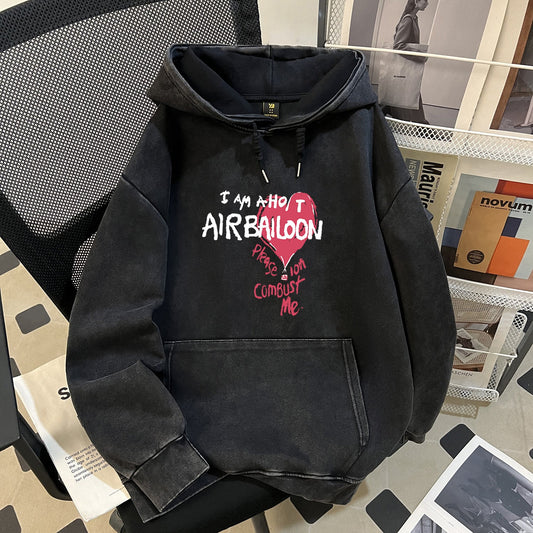 Casual All Match Washed Pure Cotton Chinese Cotton Composite Hooded Sweater Trend Retro Washed Distressed Batik Top