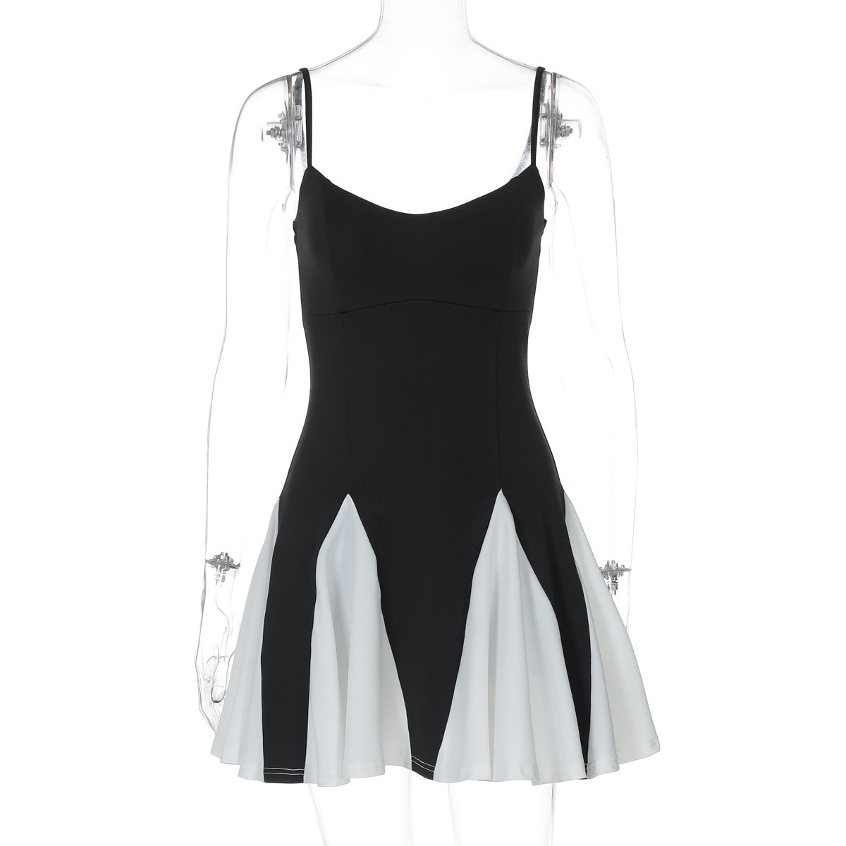 Color Contrast Patchwork Short Dress Summer Suspenders Backless Pleated Dress
