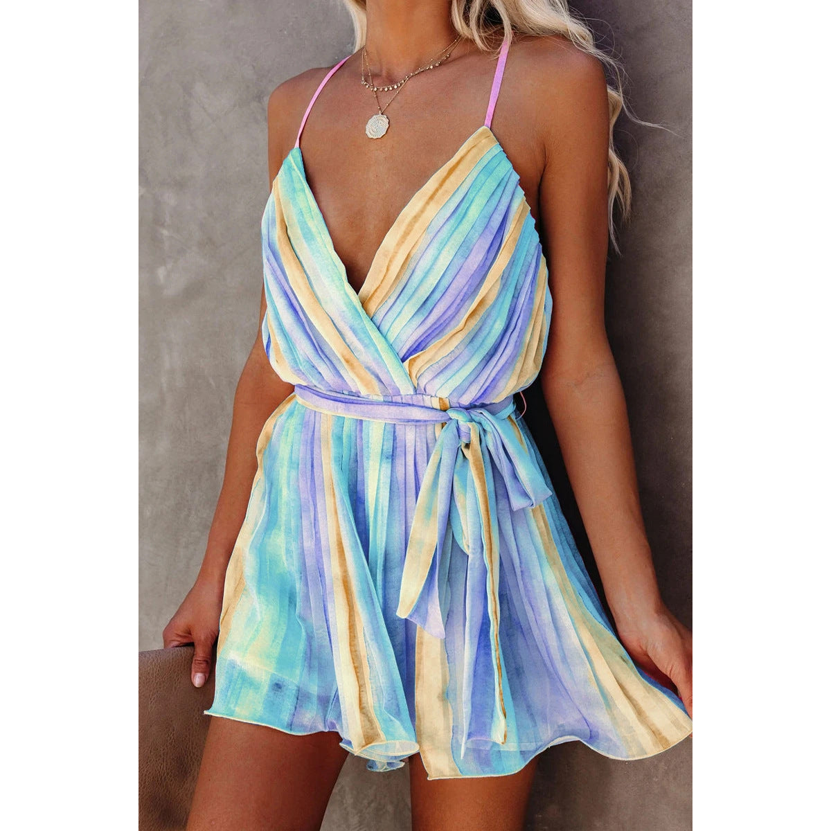 Spring Summer Suspender Pleated Chiffon Dress Home Lace up Sexy V neck Chiffon Dress