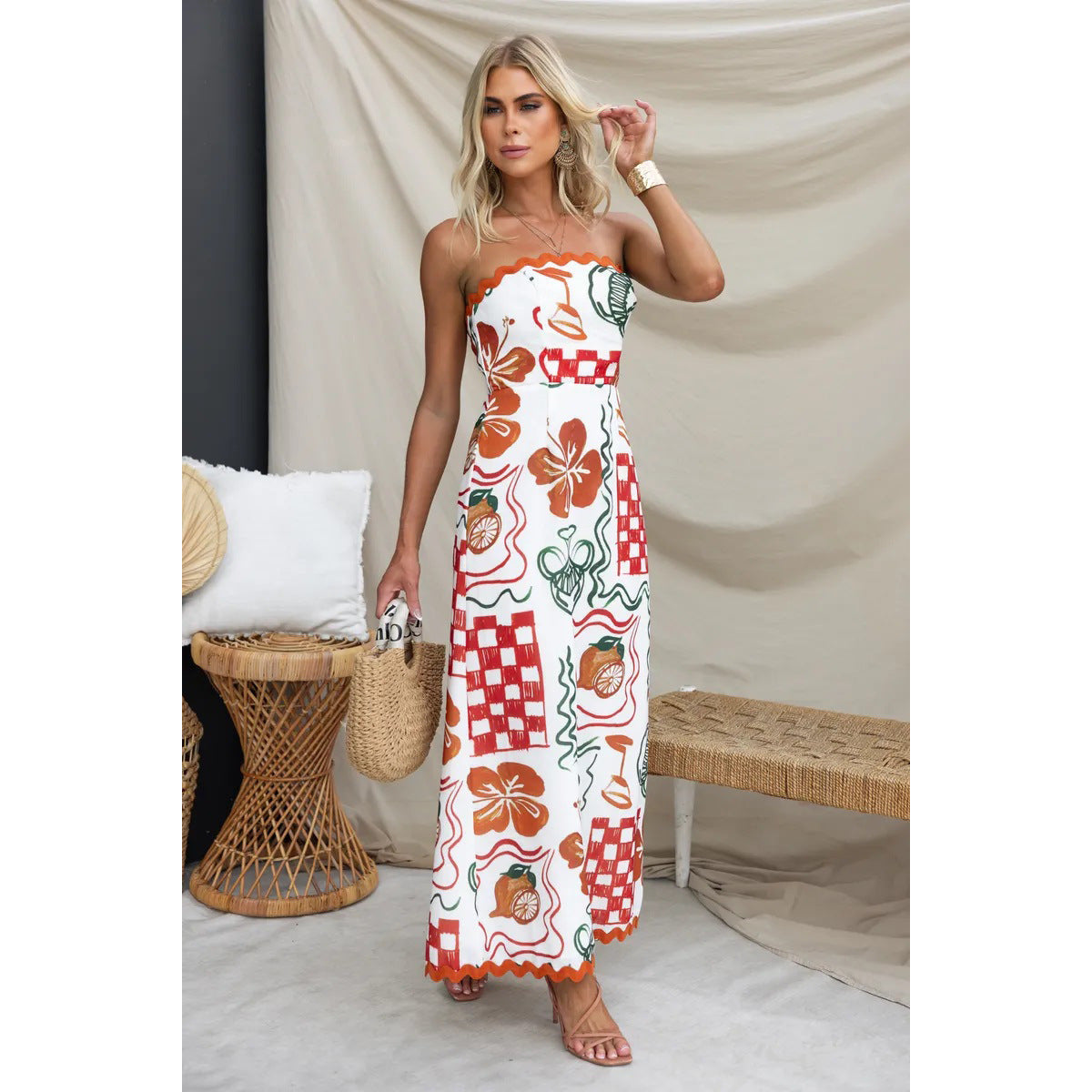 Spring Summer Chest Wrapped Pleated Casual Dress Vacation Loose Women Wear Dress