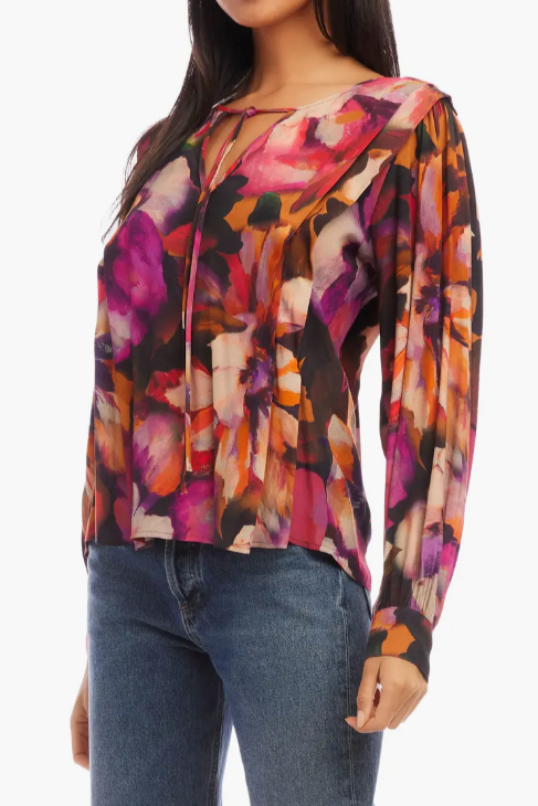 Lola Print Pleated Tie Neck Blouse