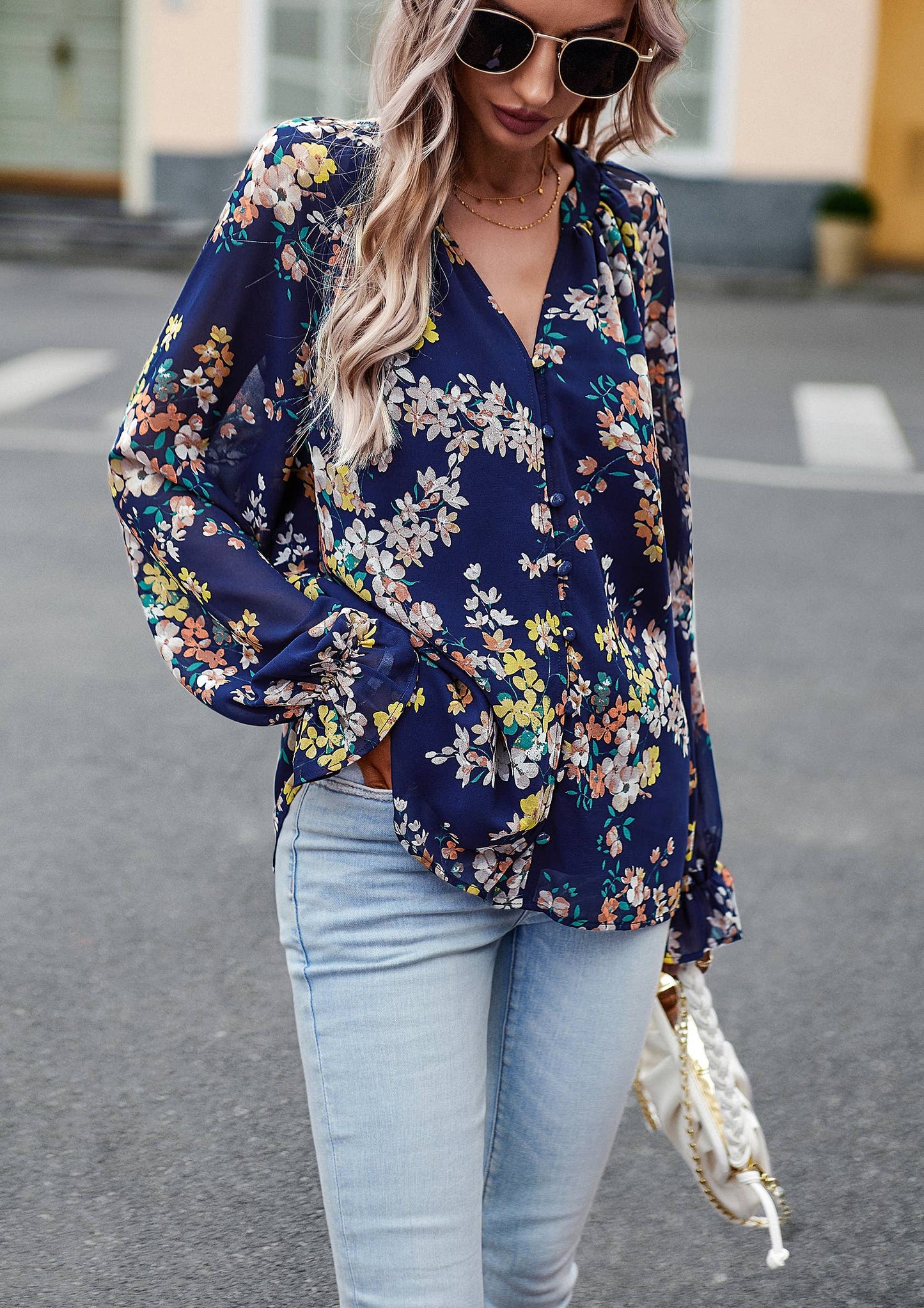 Nancy - Floral Button Down Long Sleeve Blouse