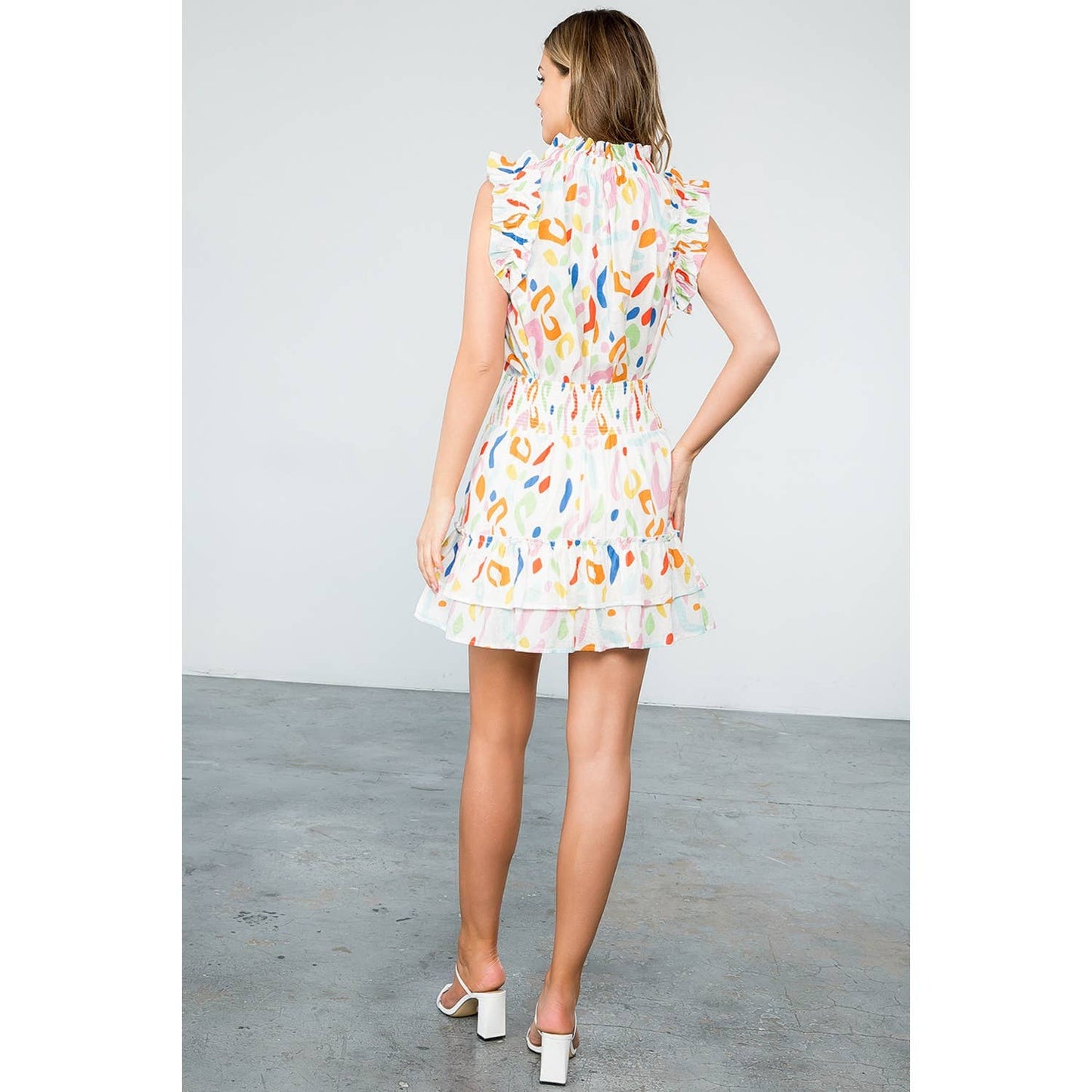 SAVANNAH- White Abstract Print Smocked Ruffle Skirt