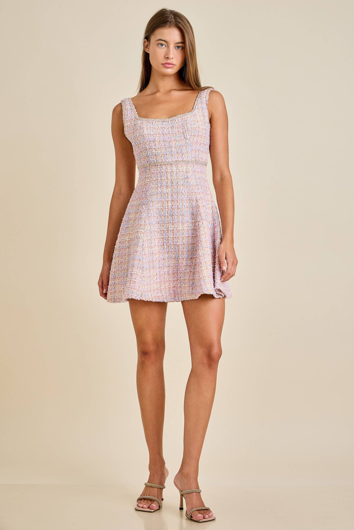 Sloane - Pastel Sequin Braid Detailed Round Neck Tweed Jacket & Mini Dress Set