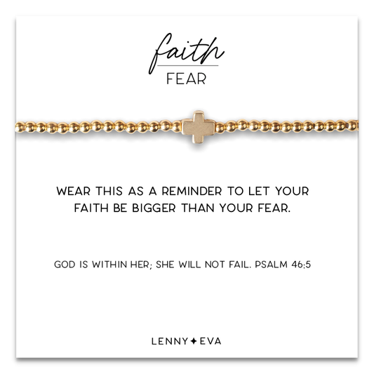Faith Over Fear Cross Bracelet, 3mm -Gold Beaded