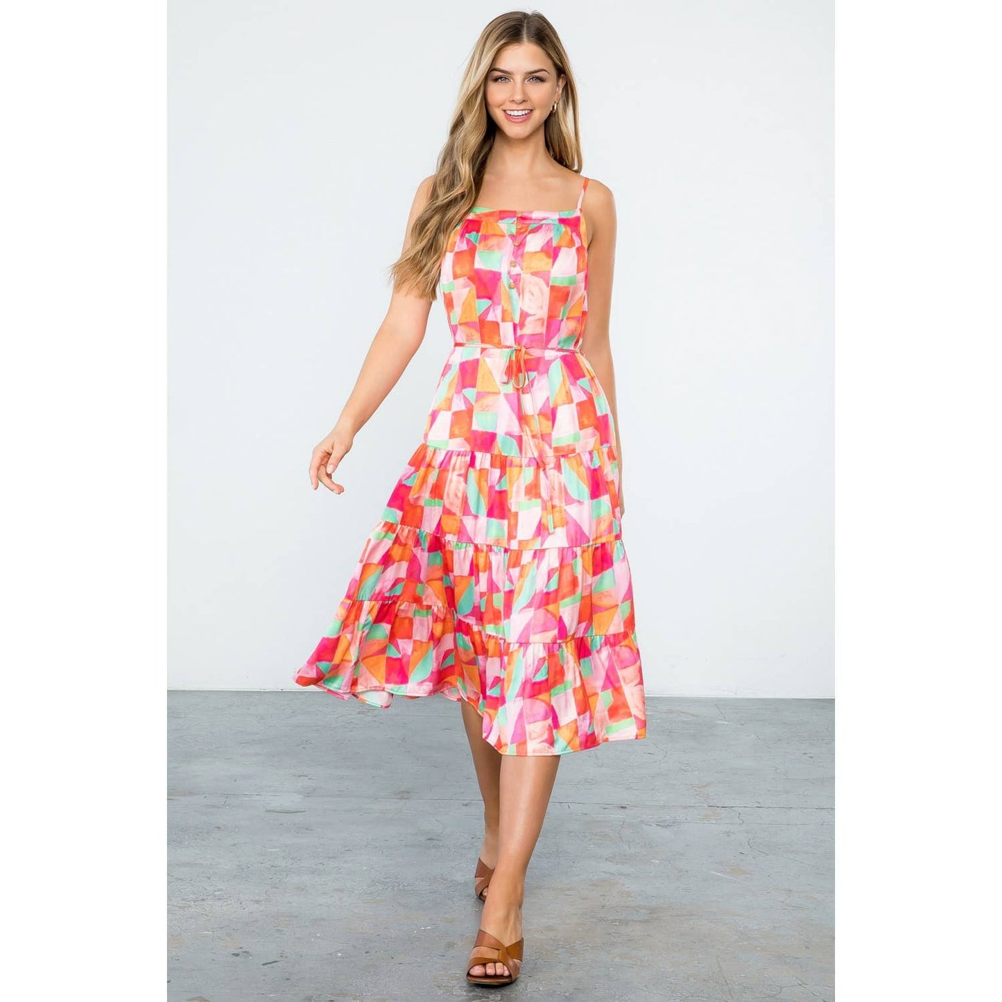 ELLIE- Sleeveless Multi Color Tiered Dress in Abstract Print