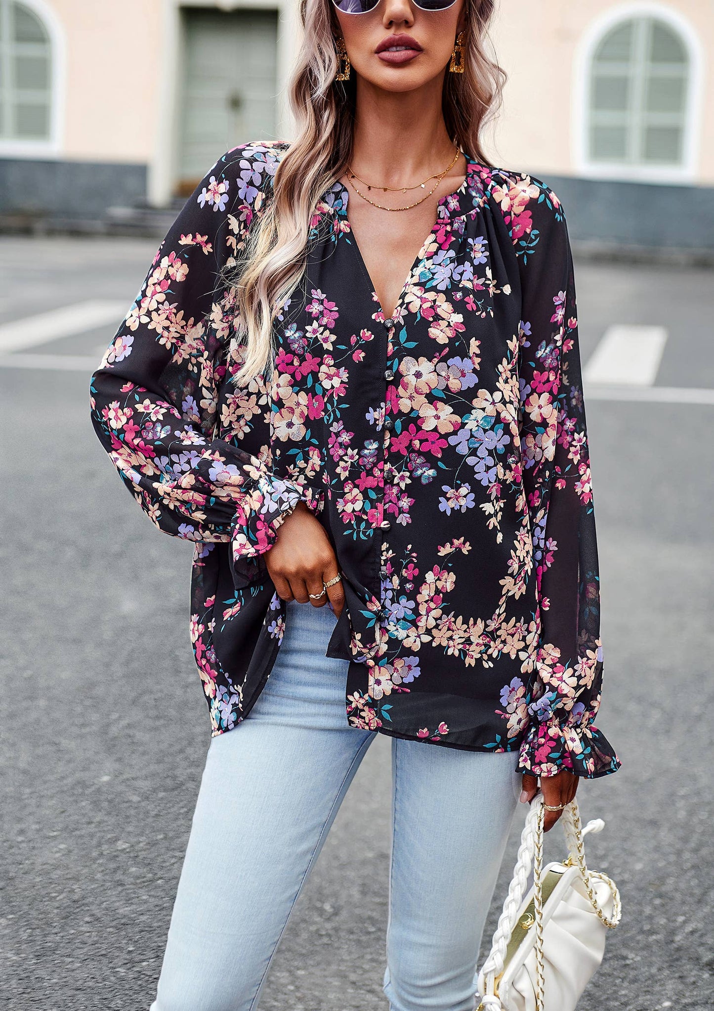 Nancy - Floral Button Down Long Sleeve Blouse