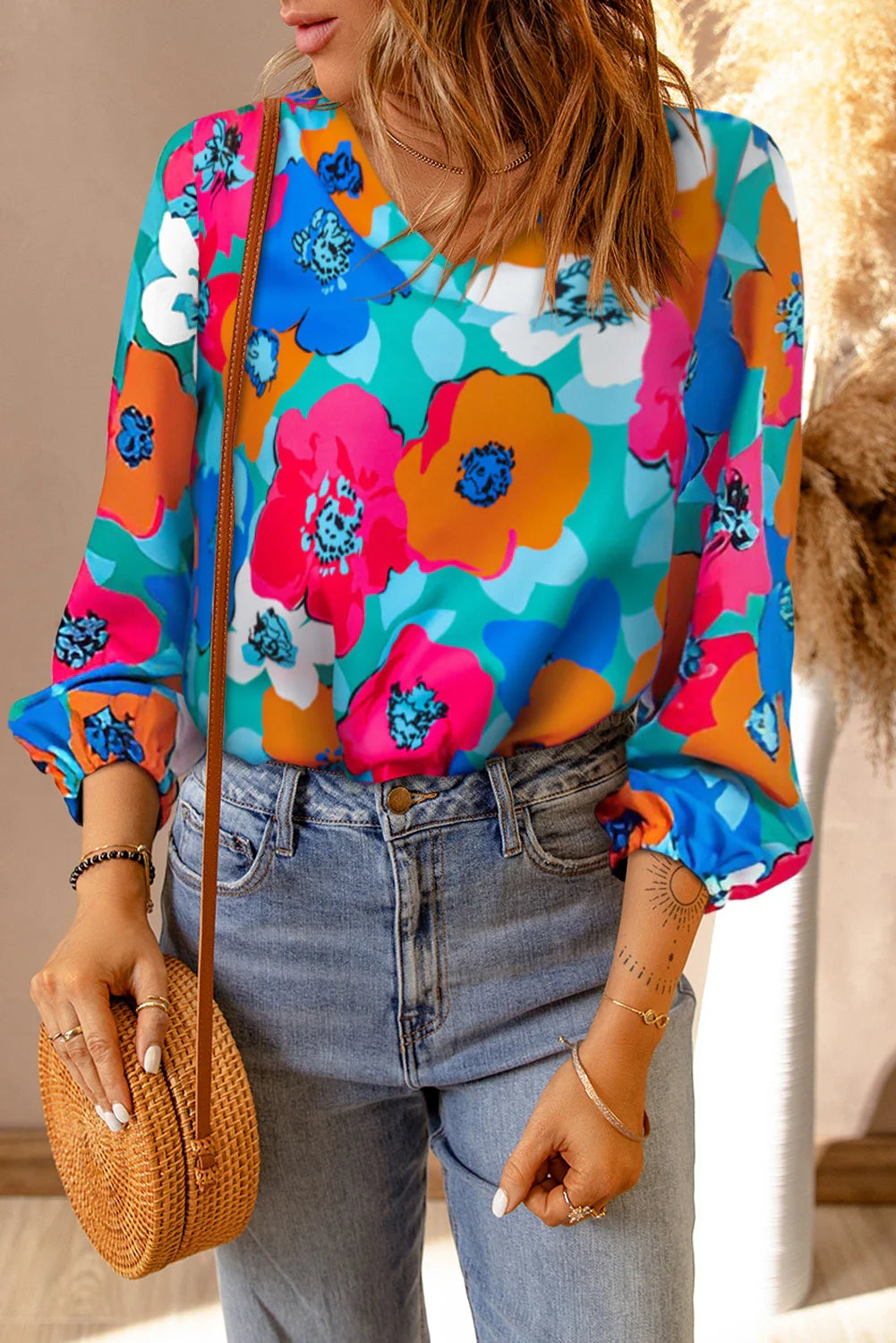 Taylor - Multicolor Floral Print V Neck 3/4 Sleeve Blouse