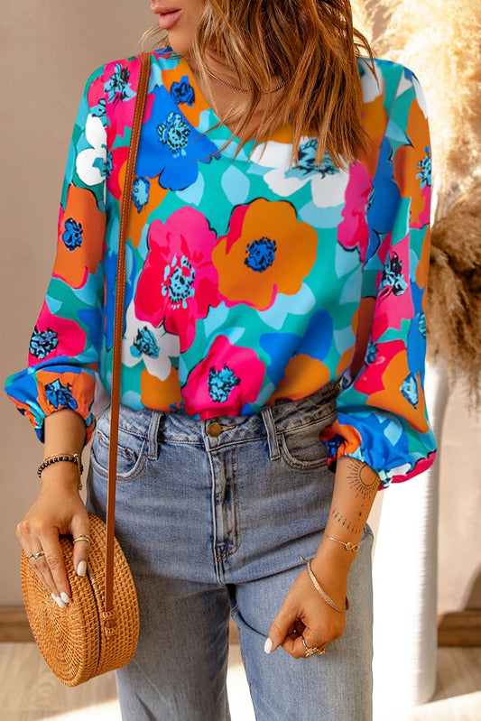 Taylor - Multicolor Floral Print V Neck 3/4 Sleeve Blouse