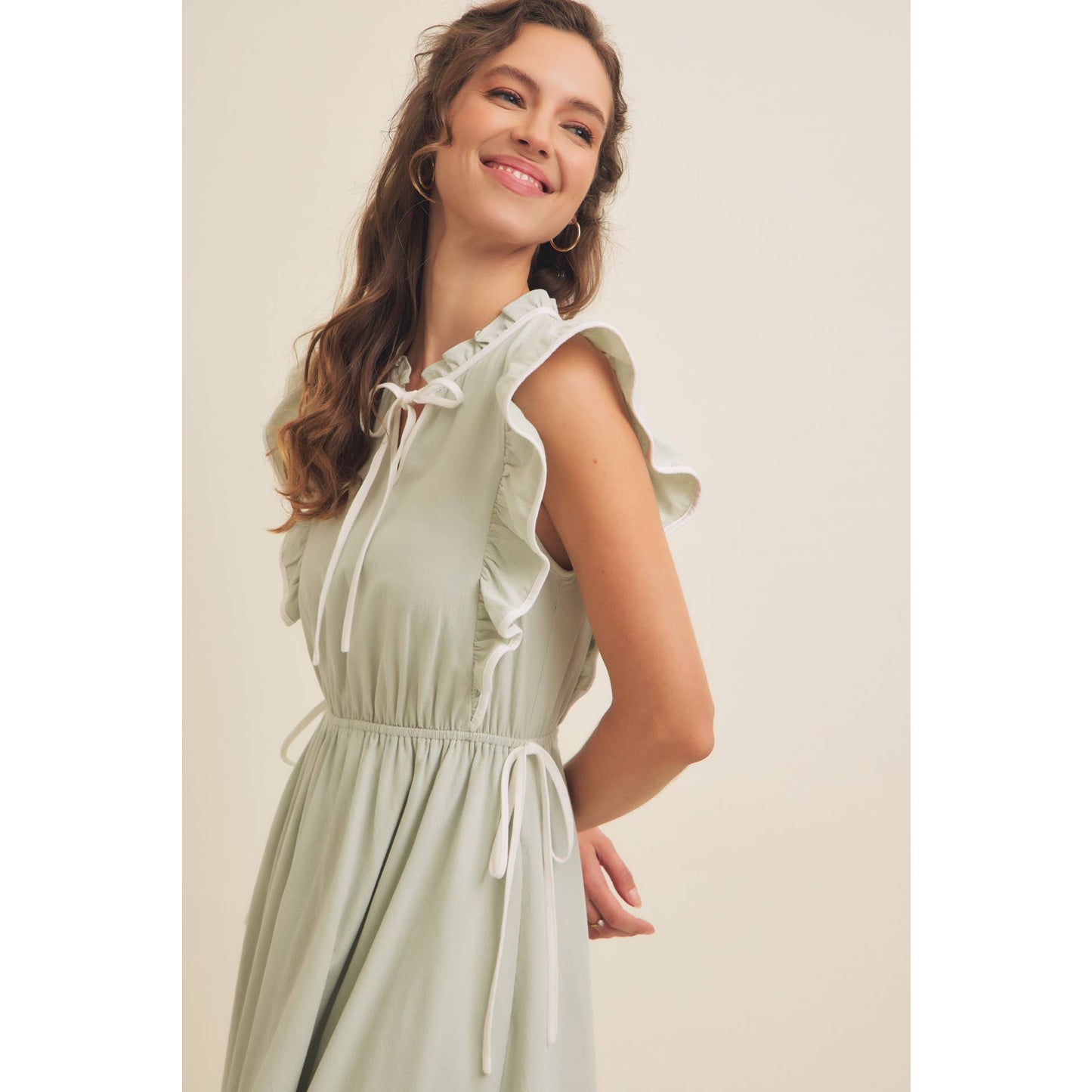 Annie- COTTON GAUZE MIDI DRESS WITH RUFFLES AND CONTRAST BINDING
