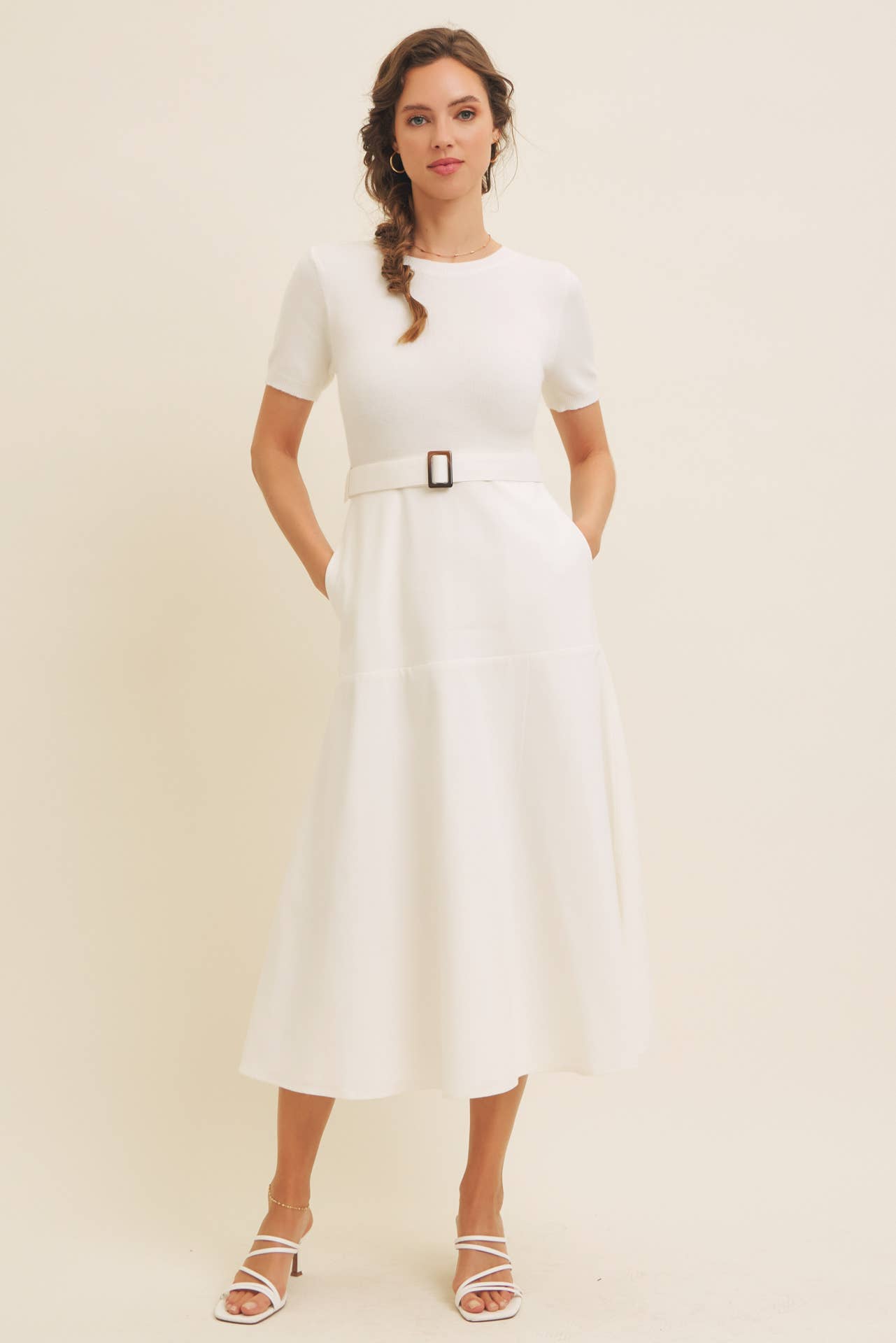 DELANEY- Super Soft White Mixed Media Sweater Midi Dres with Belt
