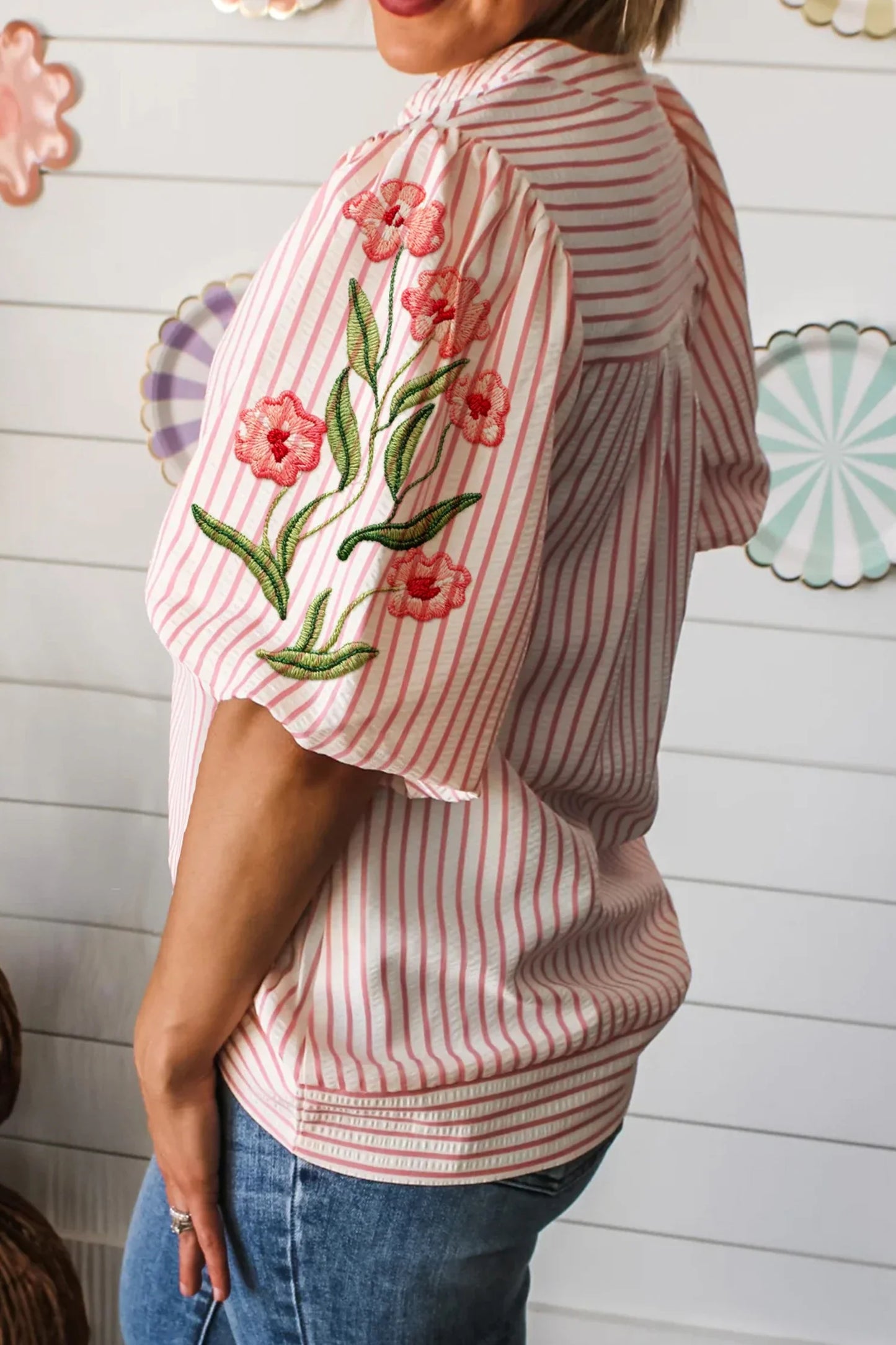 Loula-Pink Floral Embroidered Puff Sleeve V Neck Blouse