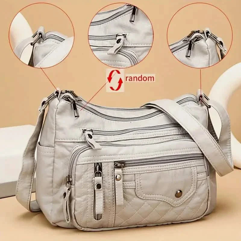 Fashion Multi Zipper Crossbody Bag, Soft Vegan Leather Shoulder Bag, Women's Multi Pockets Handbag Purse
