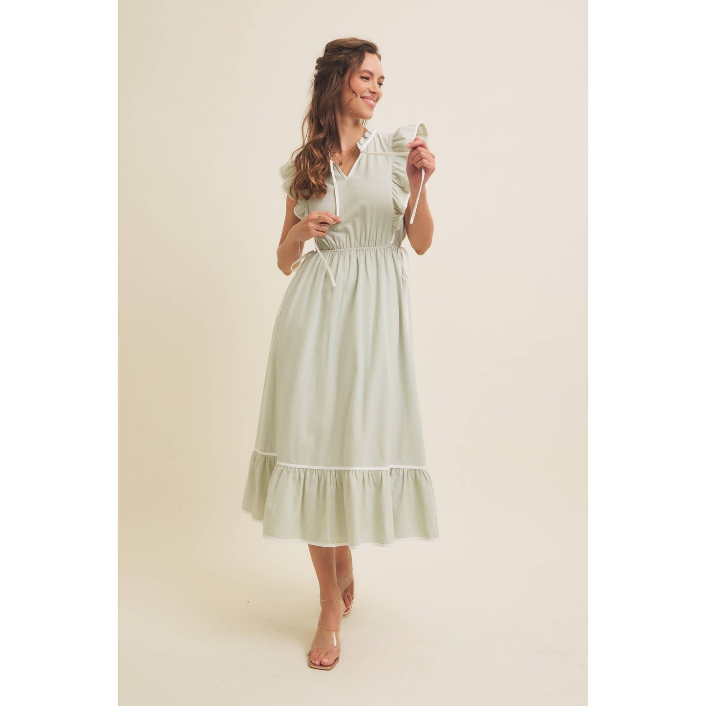 Annie- COTTON GAUZE MIDI DRESS WITH RUFFLES AND CONTRAST BINDING