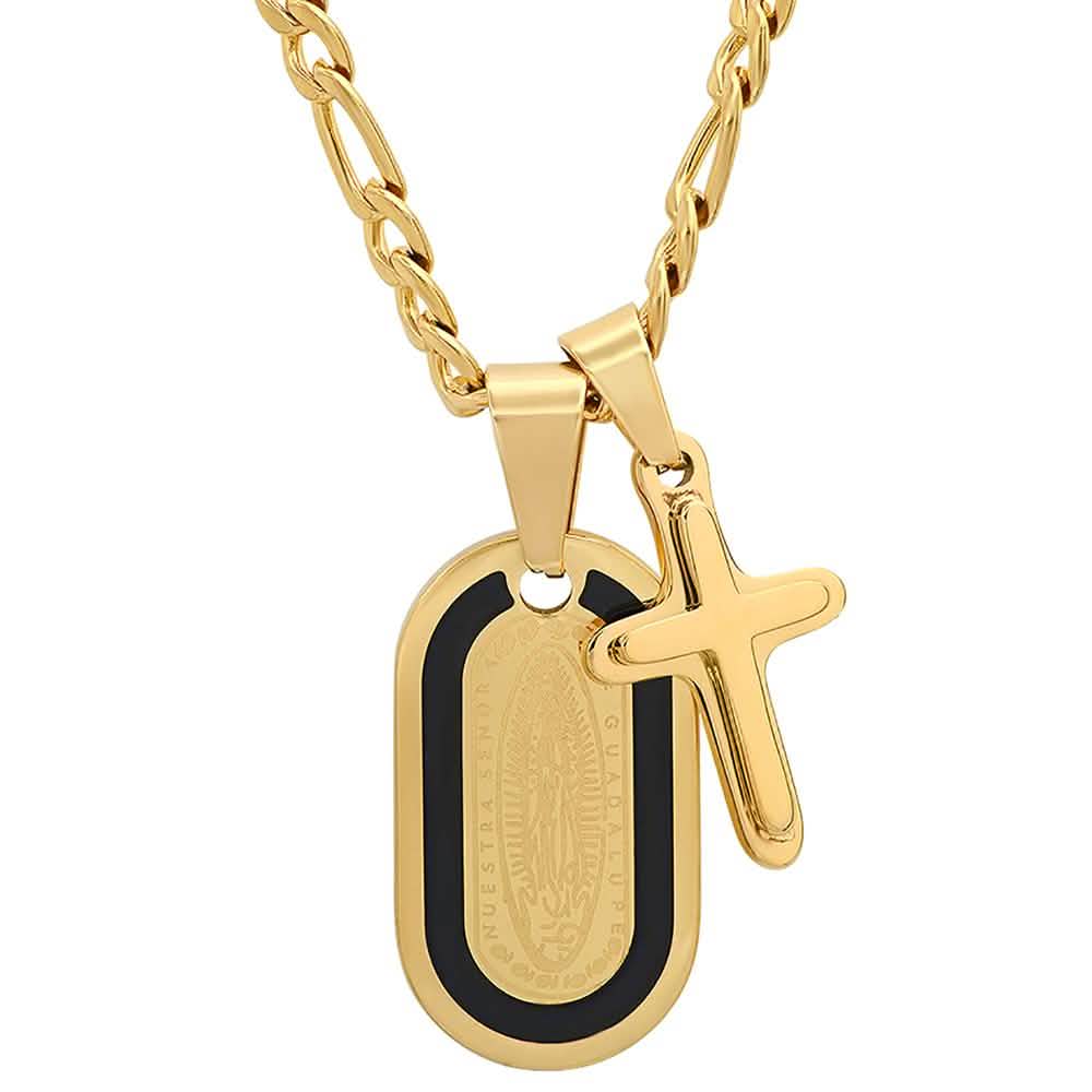 Men's Dog Tag Lady of Guadalupe And Cross Pendant
