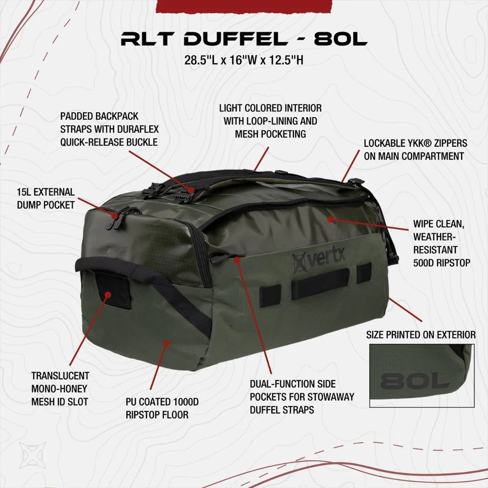 Vertx RLT 80L | Water-Repellent 80L Mission Duffel at Just 3.9 lbs | Built for Rugged Terrain