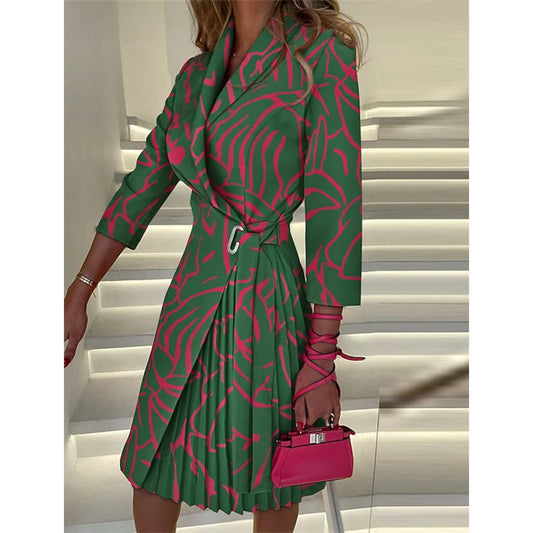 Women's Blazer Dress A Line Dress Knee Length Ruched Print Dress